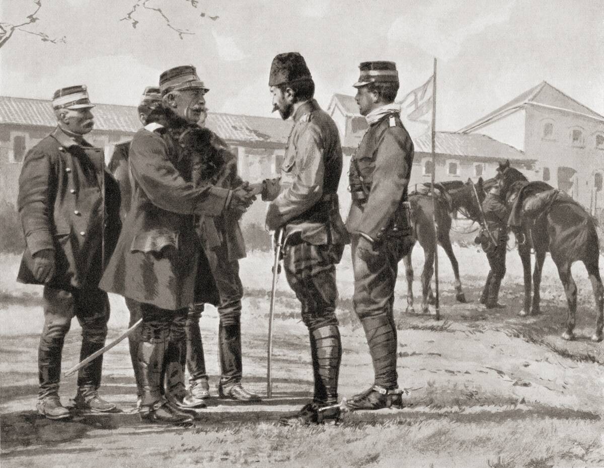 The surrender of Ioannina in 1913 by Essat Pasha to the Greek Crown Prince, future Constantine I, during the First Balkan War