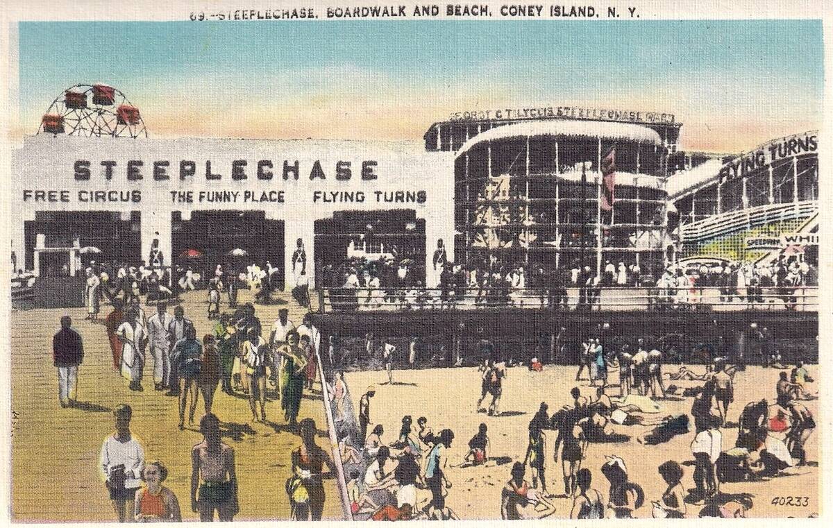 Vintage souvenir postcard, Coney Island, Steeplechase Park, Brooklyn, New York City, ca 1942