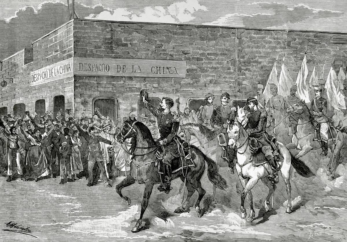 War of the Pacific (1879-1883). Entry into Iquique (Chile) of General Hilarion Daza on July 17th, 1879. Engraving.