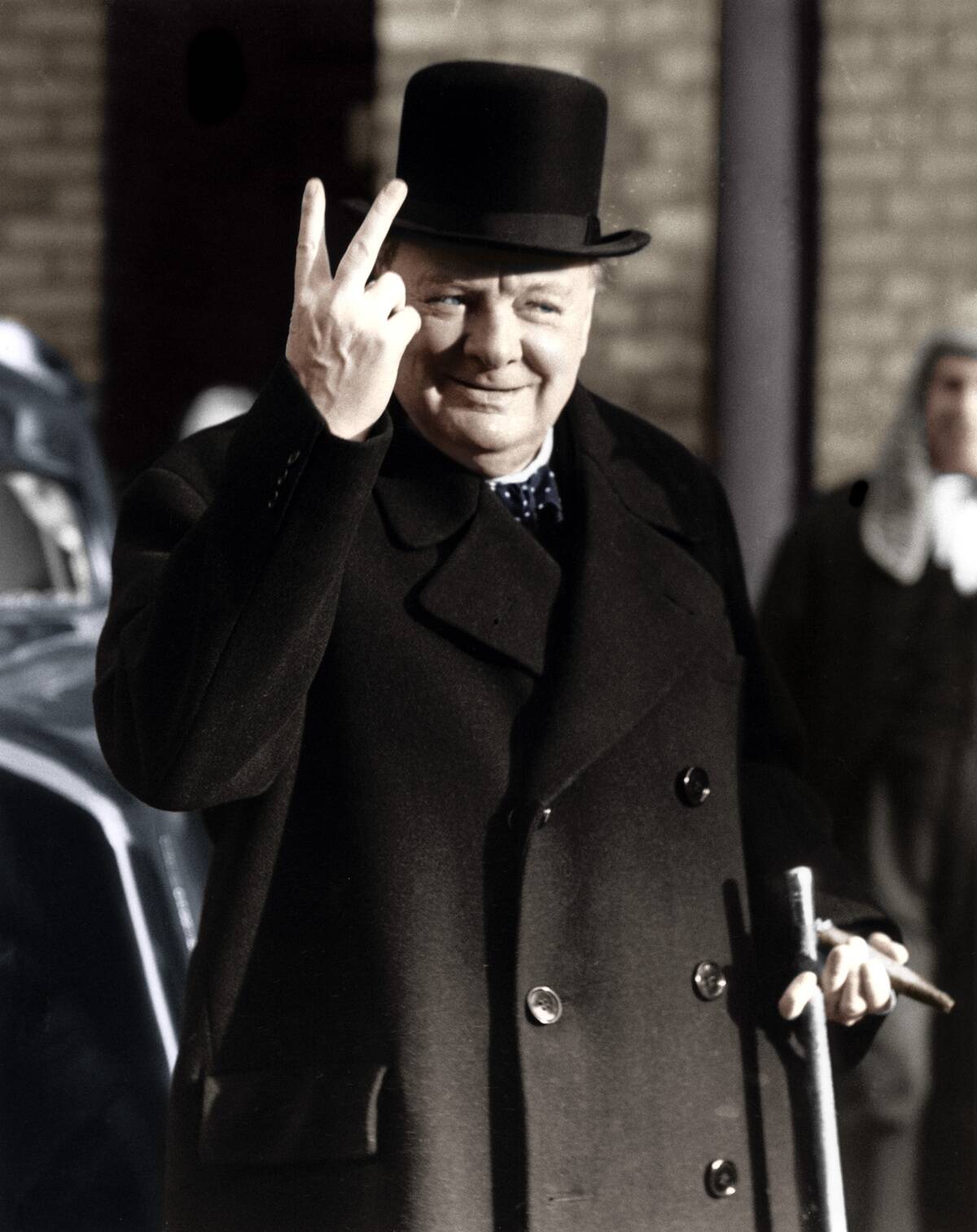 Winston Churchill making his famous V for Victory sign, 1942.