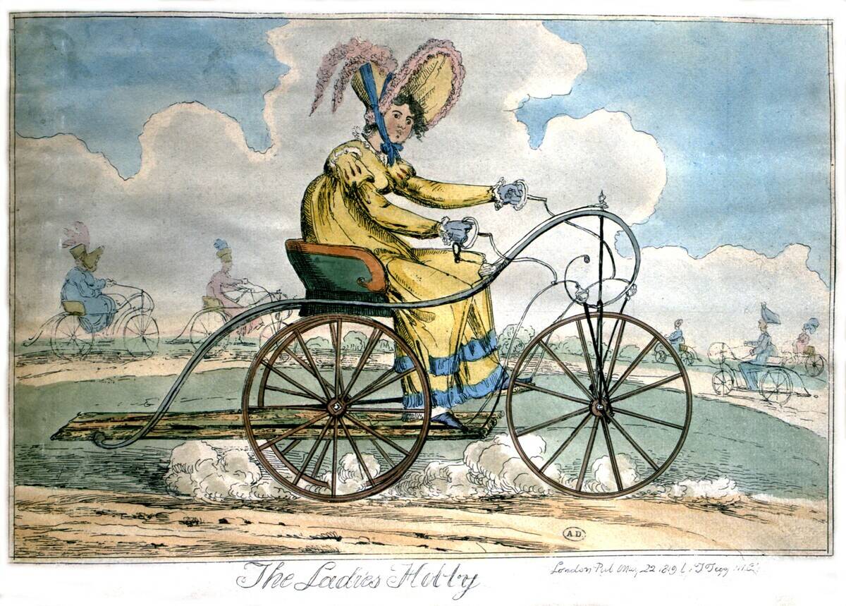 Woman riding an old bicycle, 19th century, England, Paris, Bibliotheque des Arts Decoratifs.