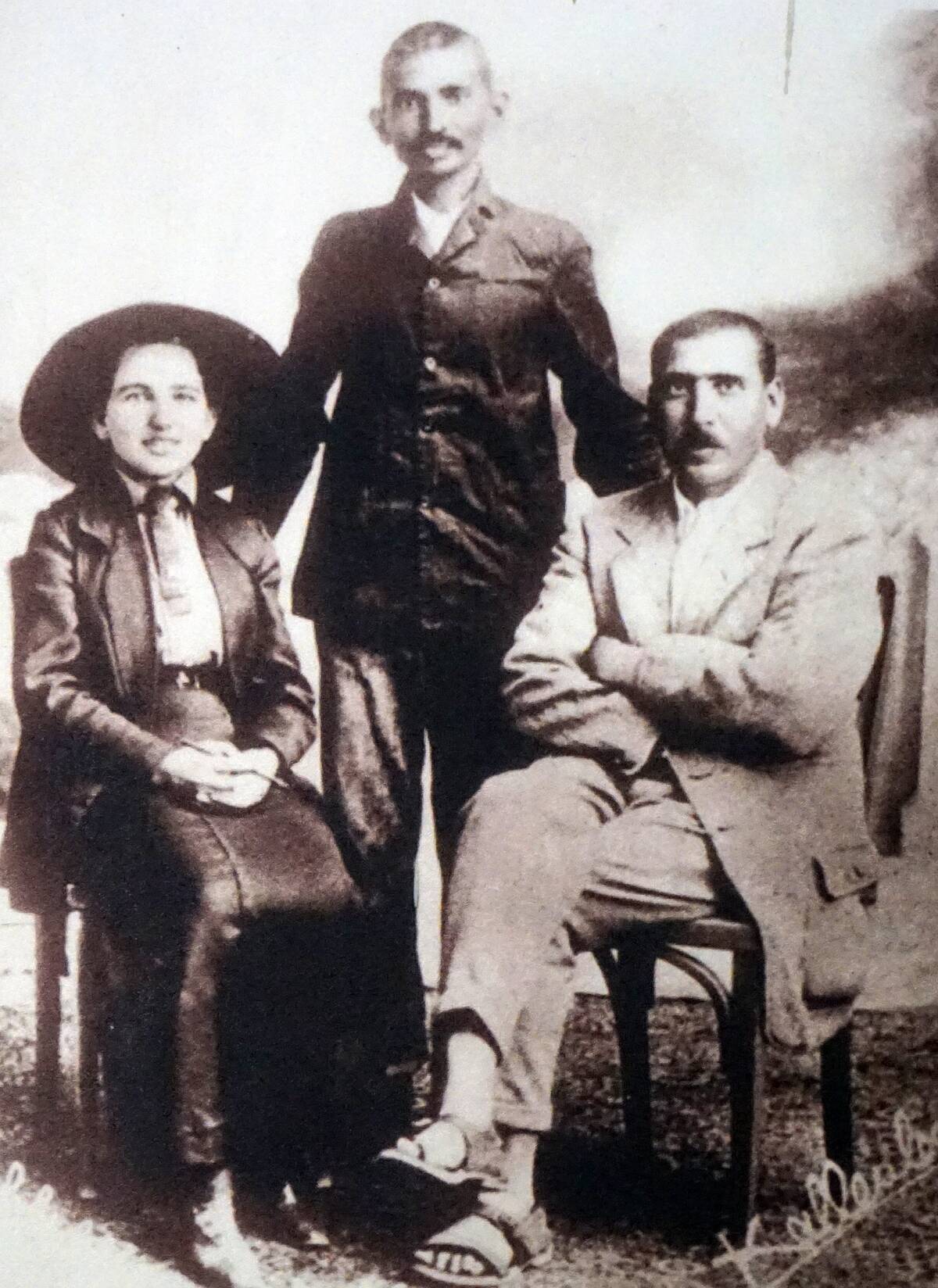 Young Mahatma Gandhi with colleagues Sonia Schlesin and Herman Kallenbach, in South Africa.