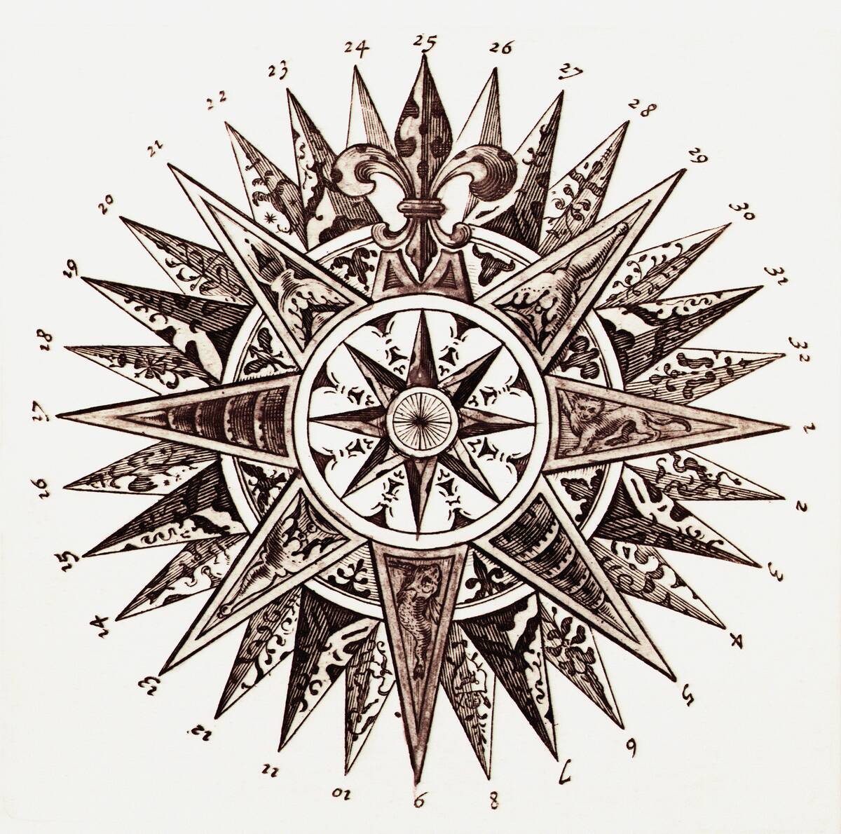 17th-Century Drawing of a Compass Rose by Blaue