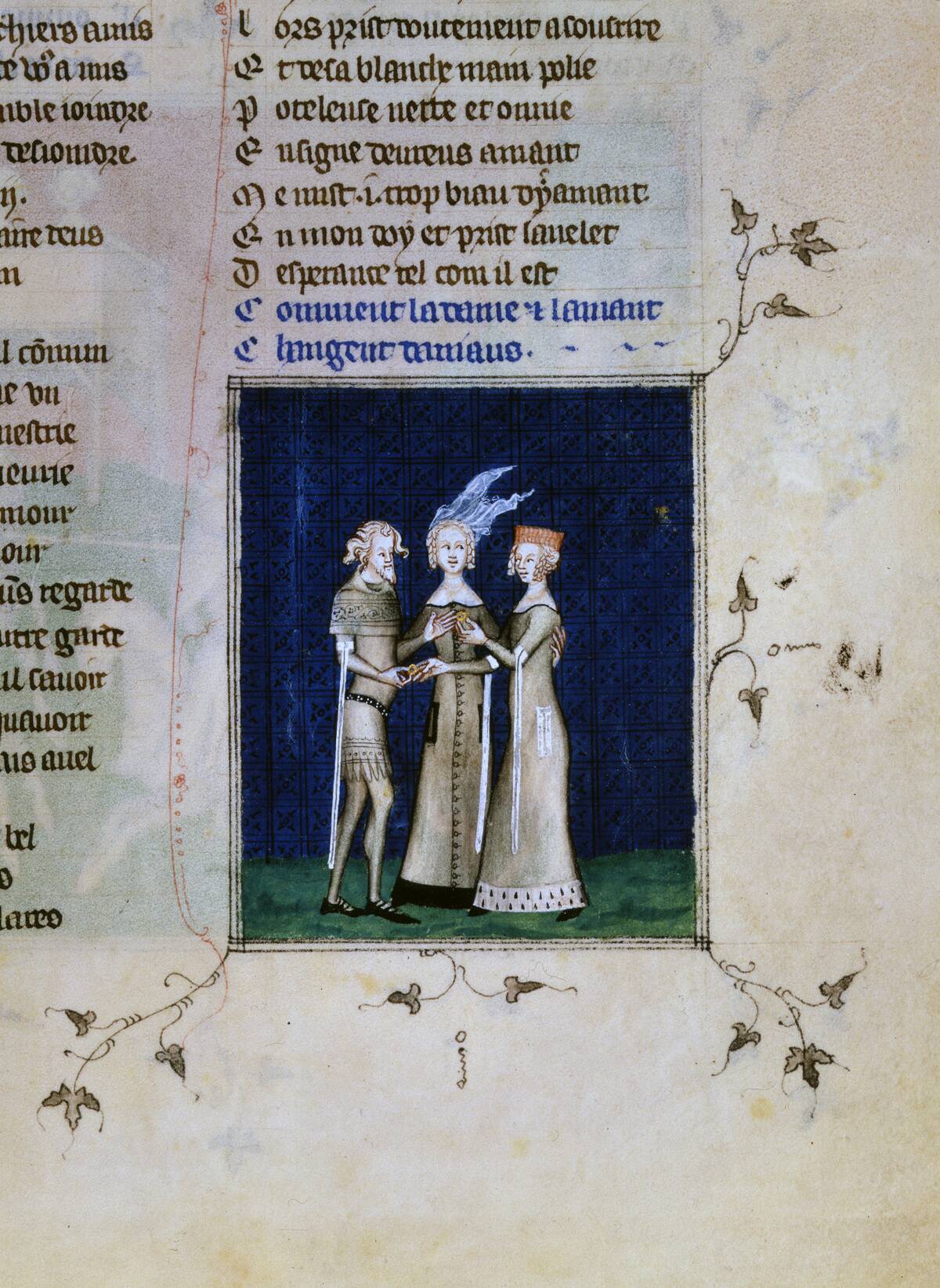 A knight and a lady exchanging rings, c1350.