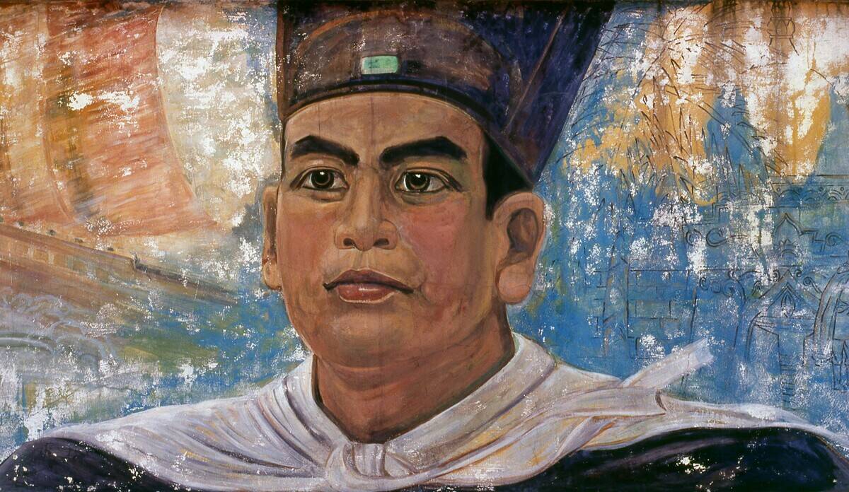 A modern wall painting of Zheng He, Chinese explorer, admiral and diplomat, Kunyang (the explorer's birthplace), Yunnan Province (1990).