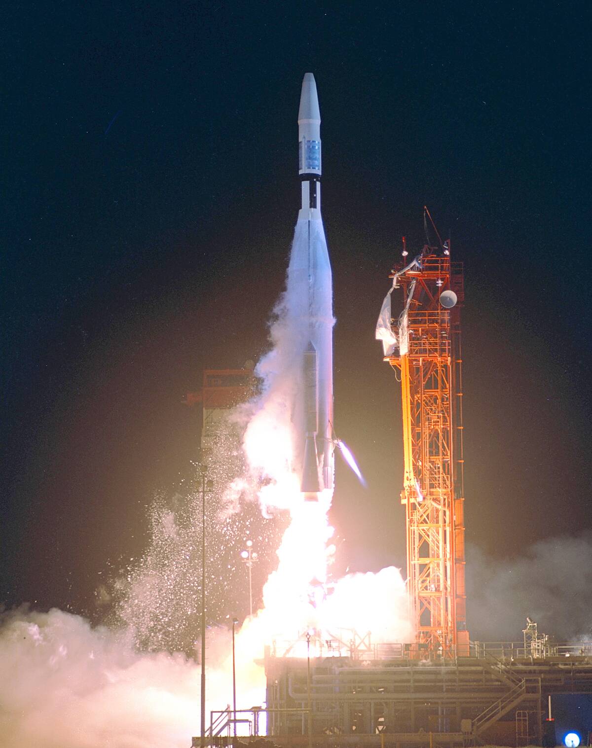 An Atlas-Agena 5 carrying the Mariner 1 spacecraft lifing off from Cape Kennedy Launch Complex 12.