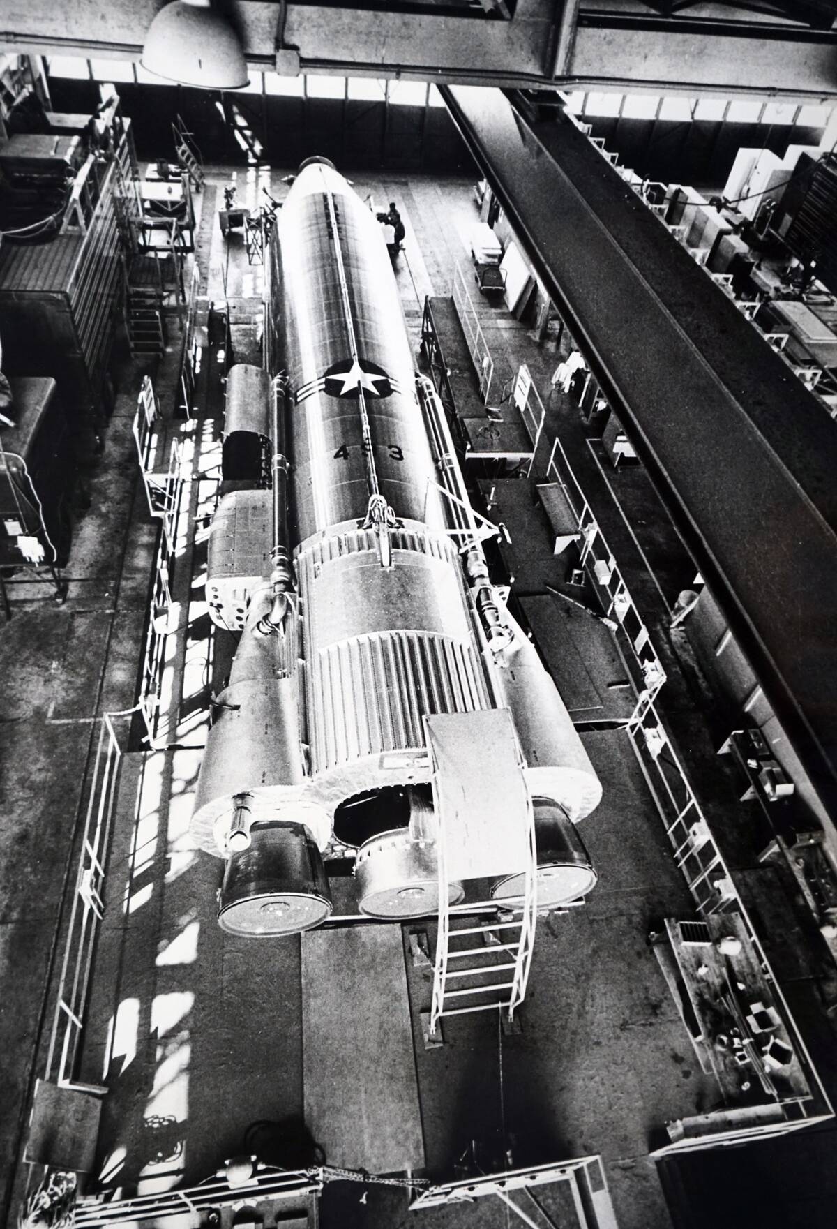 An Atlas Missile inside a hanger at Cape Canaveral.