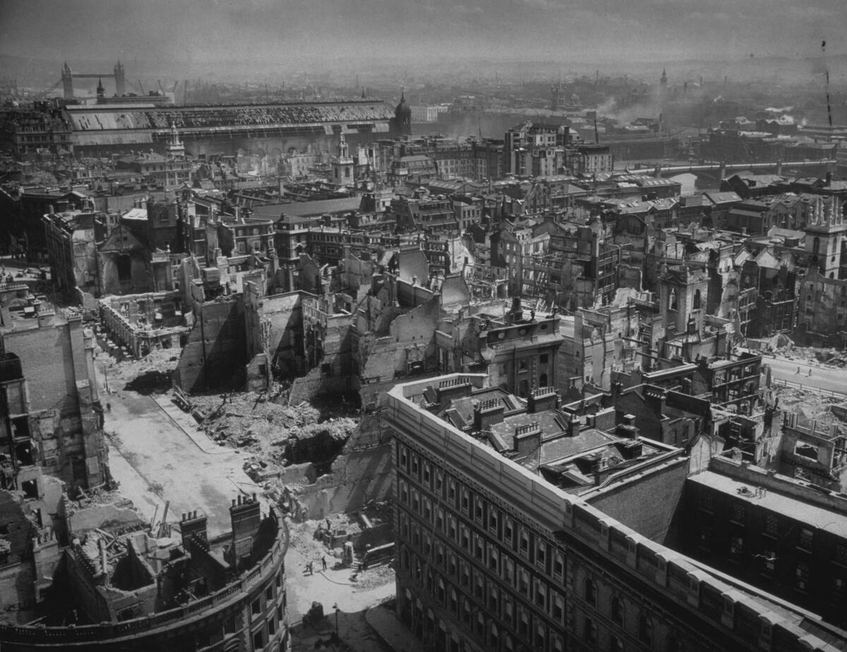 Aerial view of damaged buildings in London, United Kingdom, during the Blitz