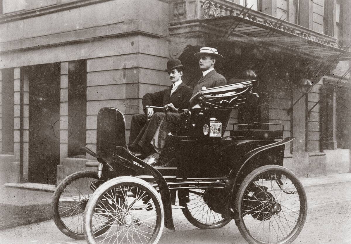 C S Rolls on A Barmsworths Columbia Electric Carriage, c 1898.