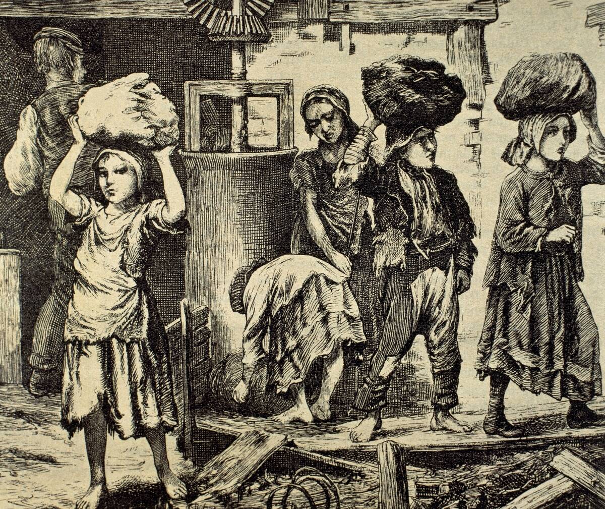 Children working in an industry. Early 19th century. Engraving.