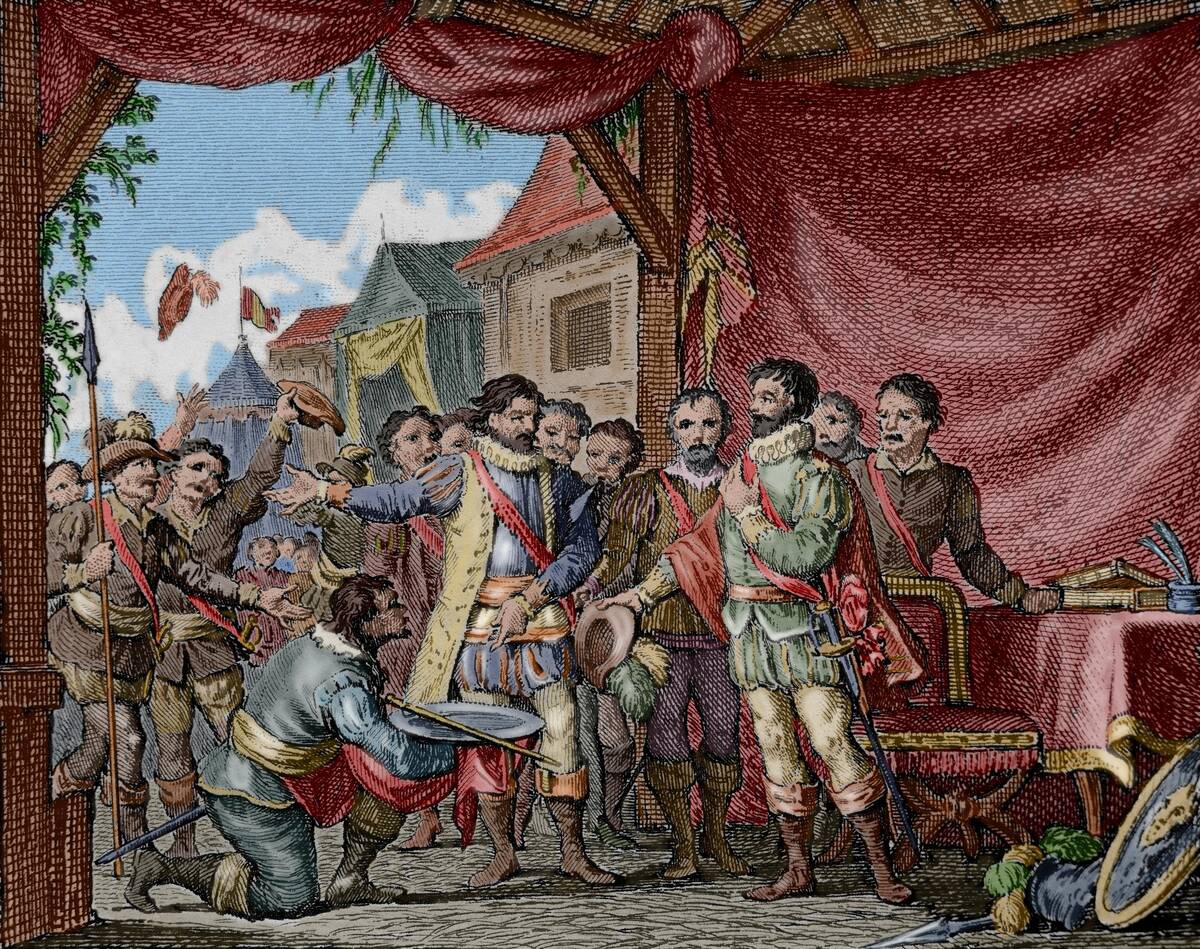 Cortes appointed General as the Villa Rica of the Vera Cruz. Engraving. Colored.