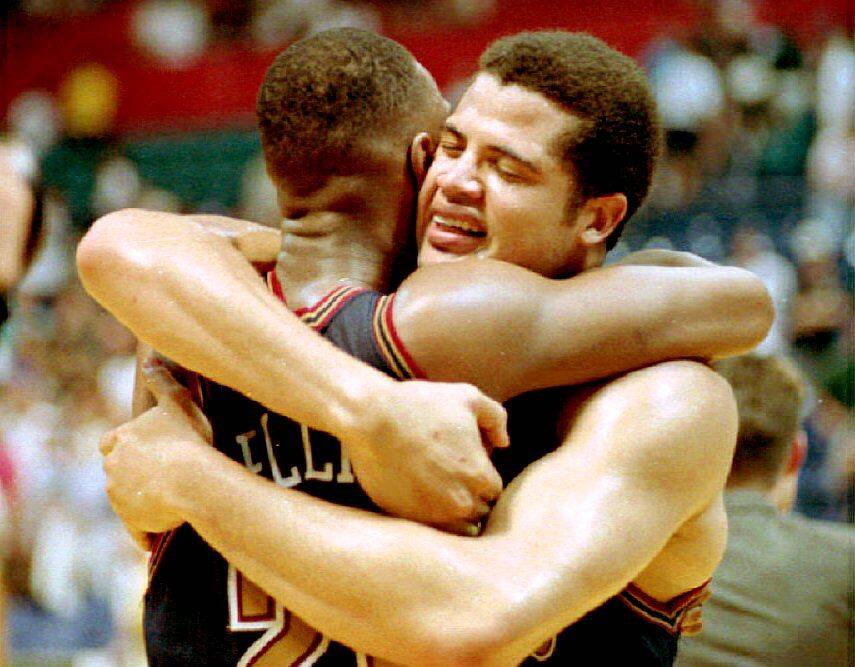 Denver Nuggets Brian Williams (R) hugs teammate La