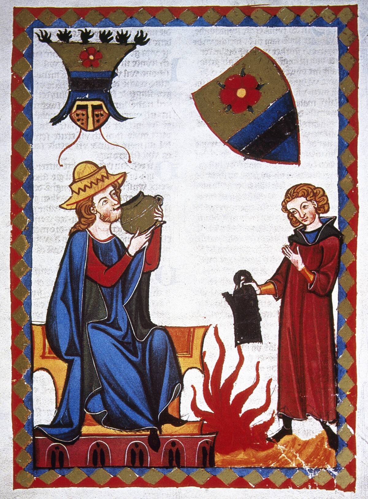 Der Marner, moralistic 13th century poet, sipping refreshing drink offered by his servant