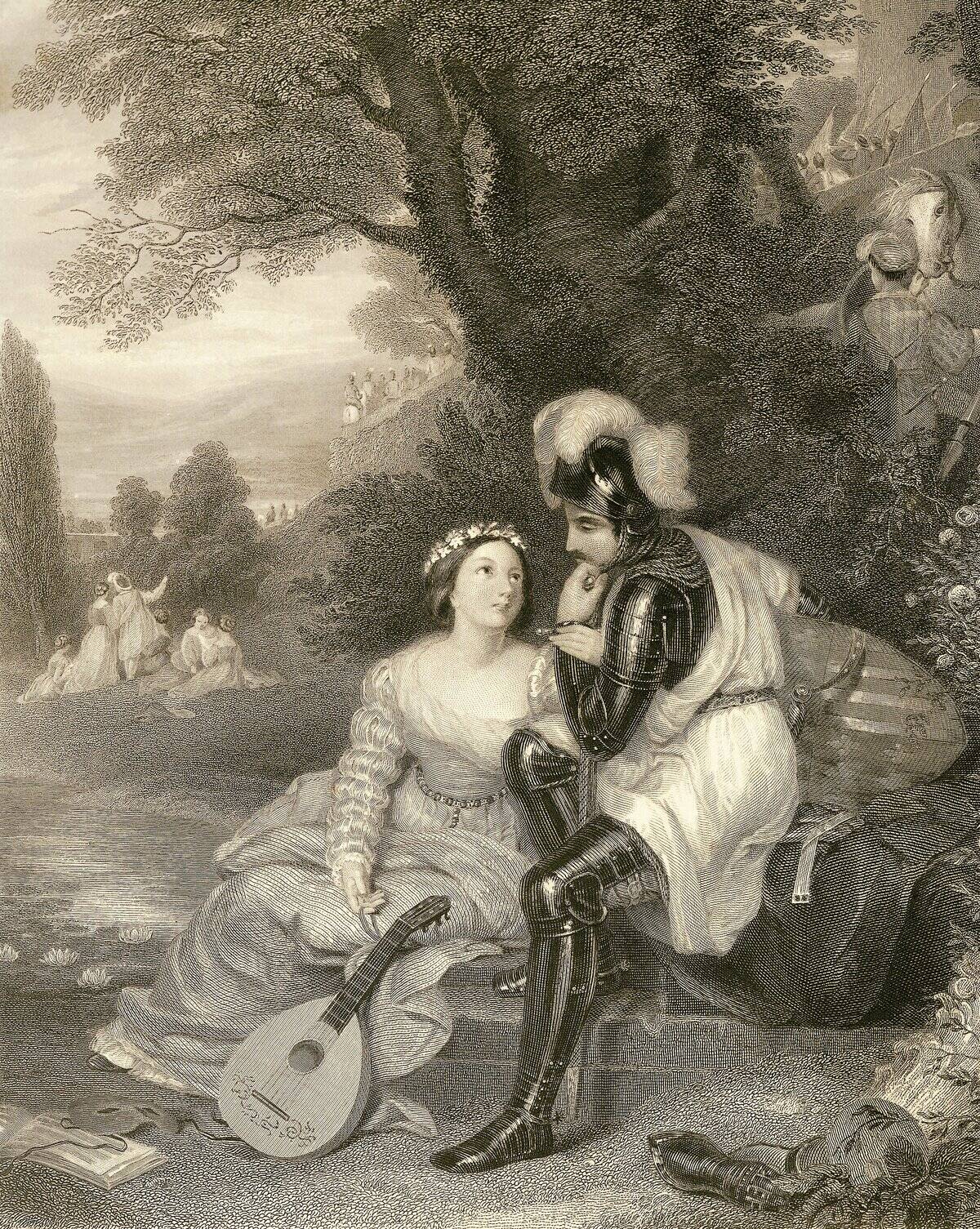 France, Paris, Gaston of Foix, Duke of Nemours (1489-1512) with a young woman by C.W. Sharpe, engraving
