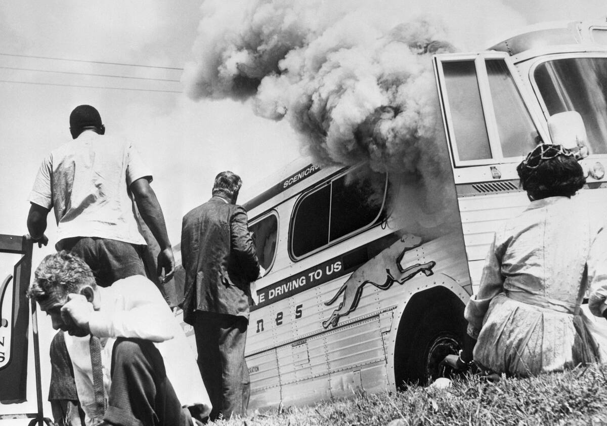 Freedom Riders Near Burning Bus