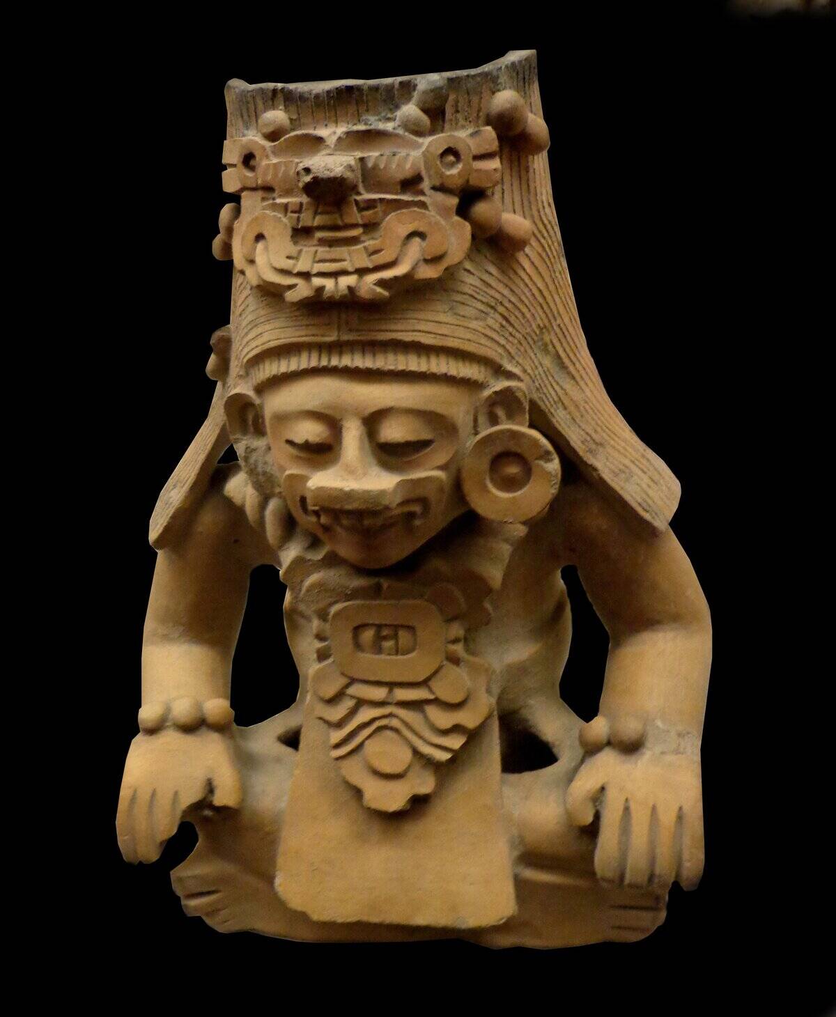 Funerary urn of an royal ancestor figure. Circa 200 BC-AD 800, Zapotec. Found entombed in the Zapotec capital, Monte Alban