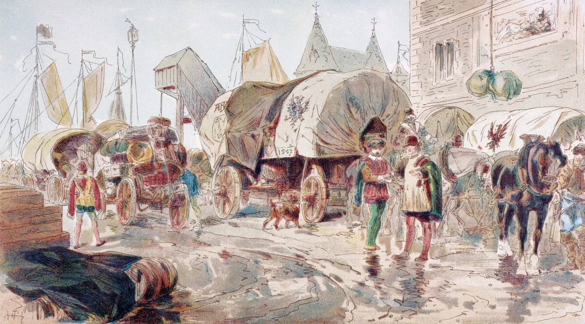 Horse Drawn Wagons Full Of Goods And Belonging To The Hanseatic League Arrive At A Port