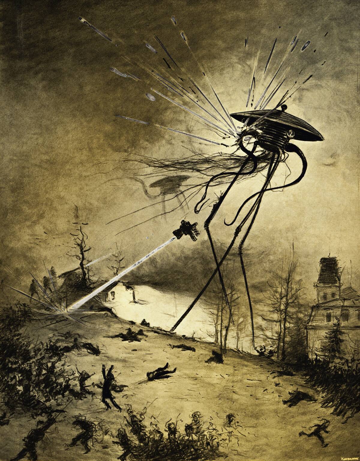 Illustration of a Martian Fighting Machine Attacking Humans by Alvim Correa
