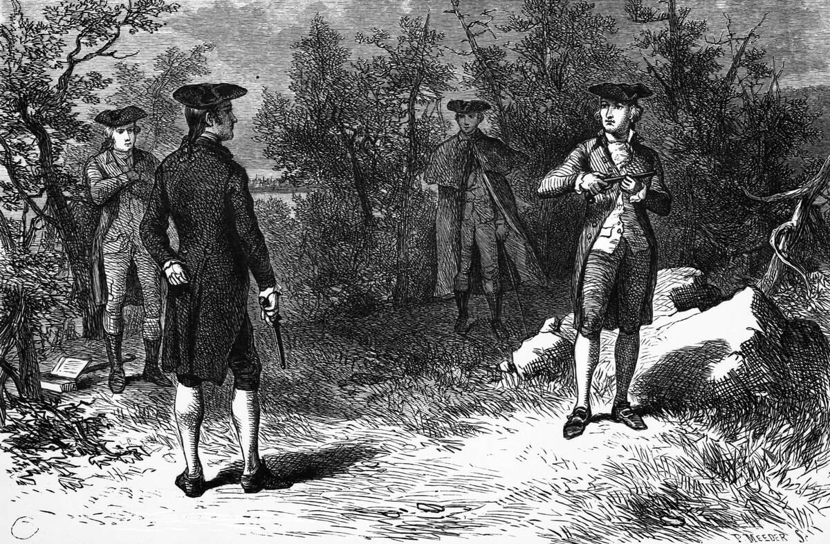 Illustration of Alexander Hamilton and Aaron Burr Preparing to Duel