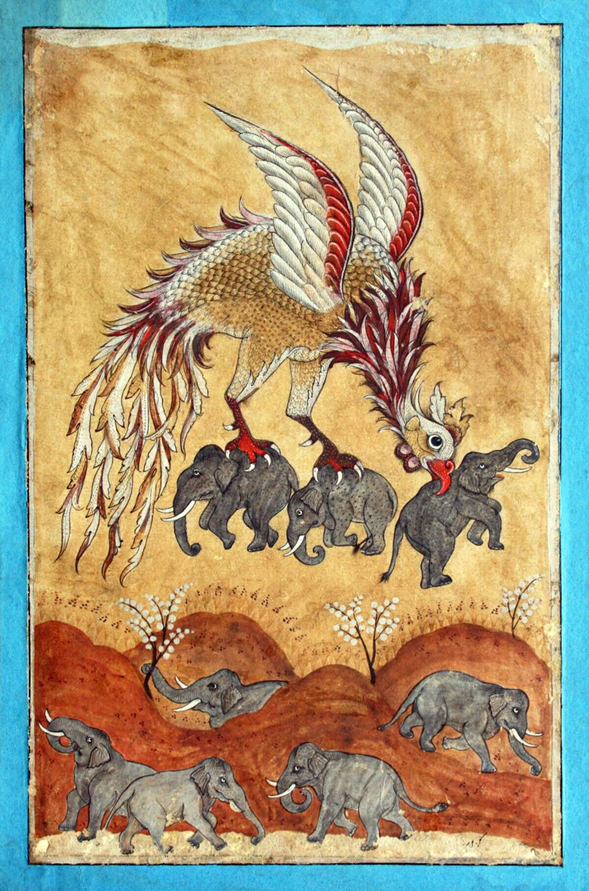 India: A simurgh or Persian phoenix carrying off three elephants in its beak and claws. 19th century miniature.