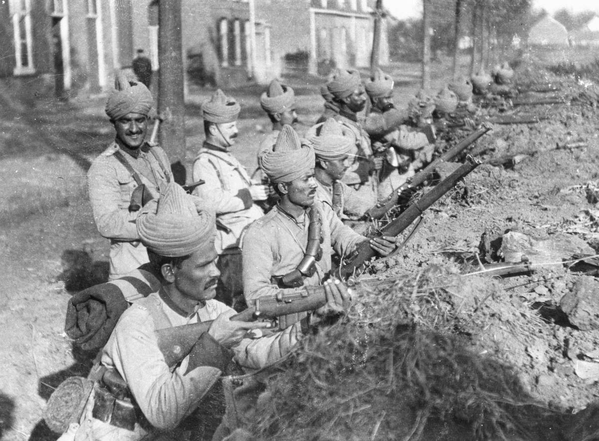Indian Infantry Division in their trenches defending a village in France, WWI