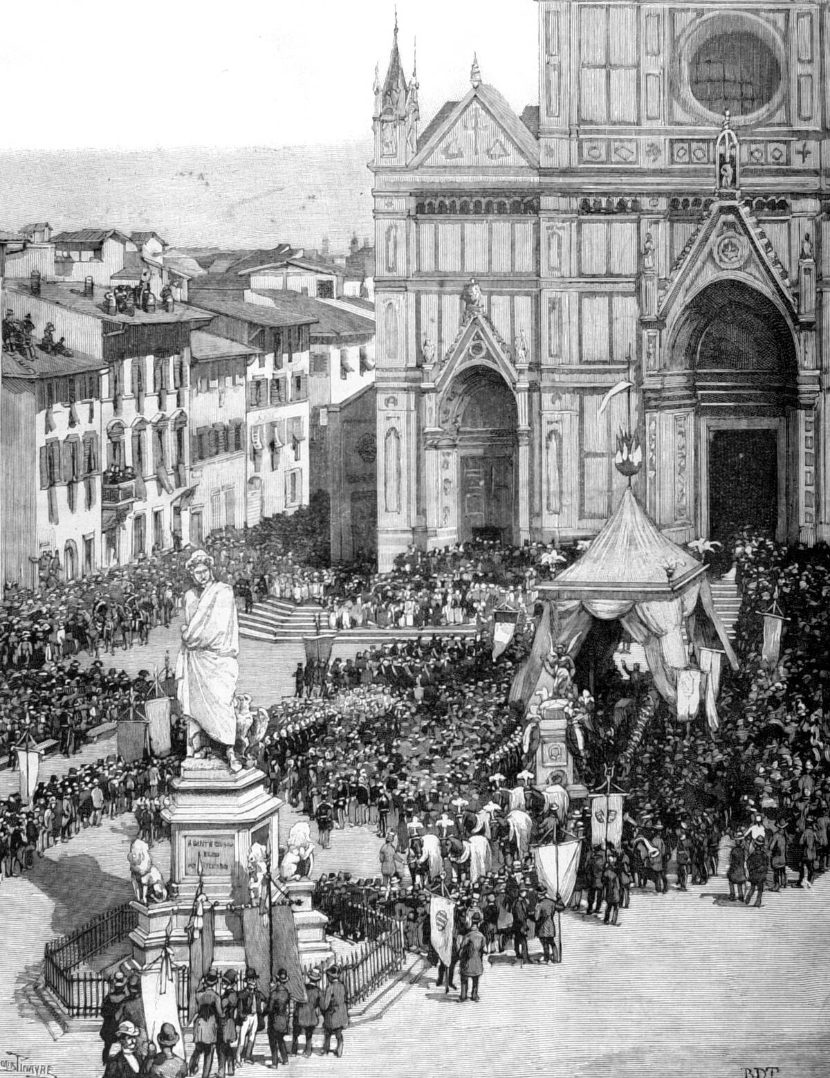 Italy, 1887, Florence, transfer of Rossini's ashes to Santa Croce church, The church square at the arrival of the funeral procession, in 'Le Monde illustre' from May 28, 1887.