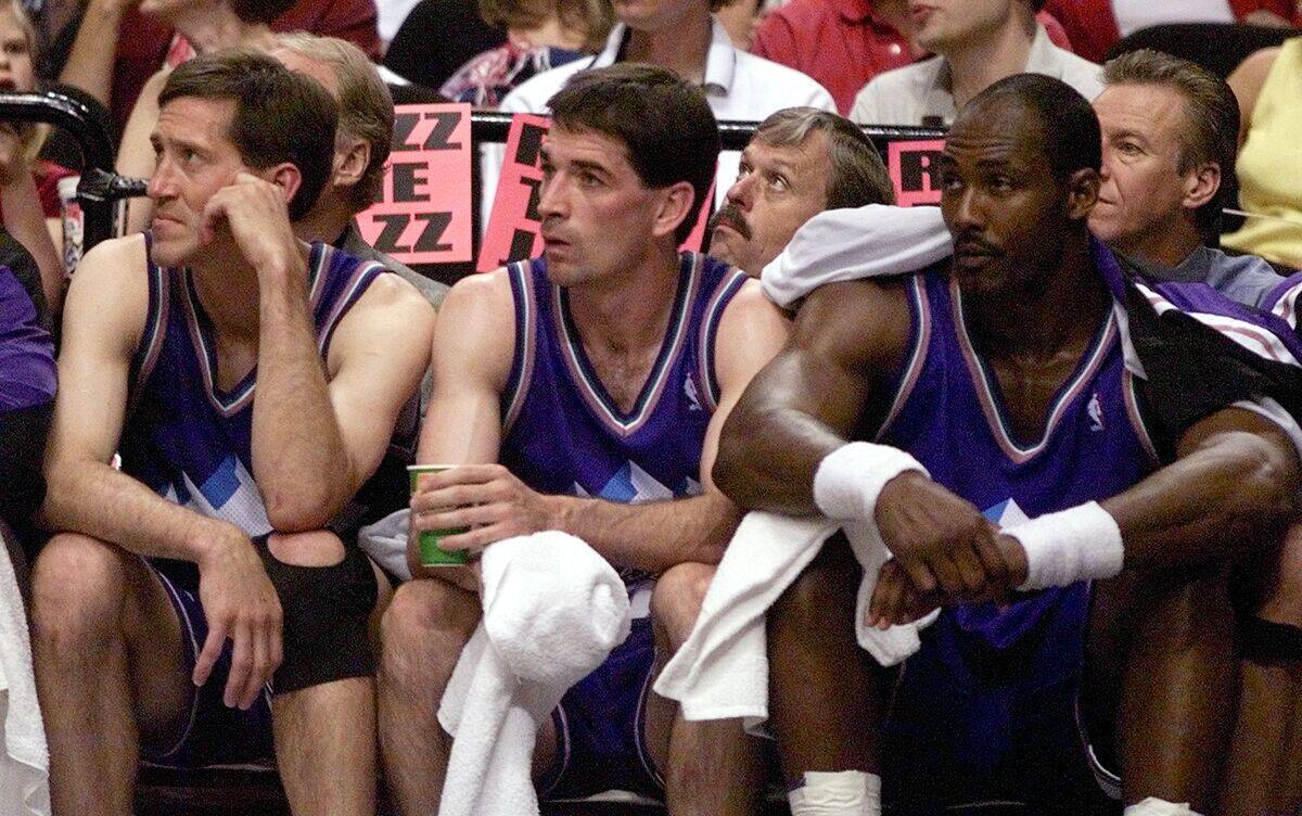 Jeff Hornacek (L), John Stockton (C) and Karl Malo