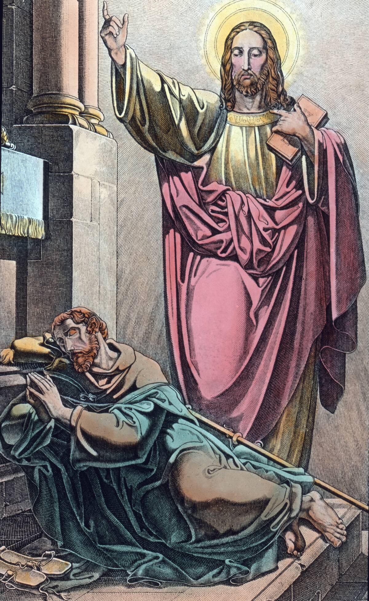 Jesus Christ appears to the knight Peter of Amiens in a dream.