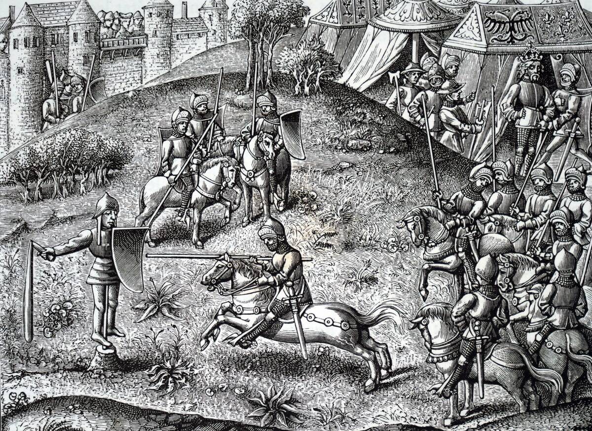 Knights practising quintain.