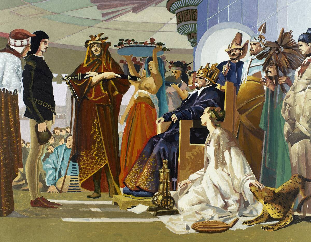 Marco Polo in the presence of Kublai Khan.