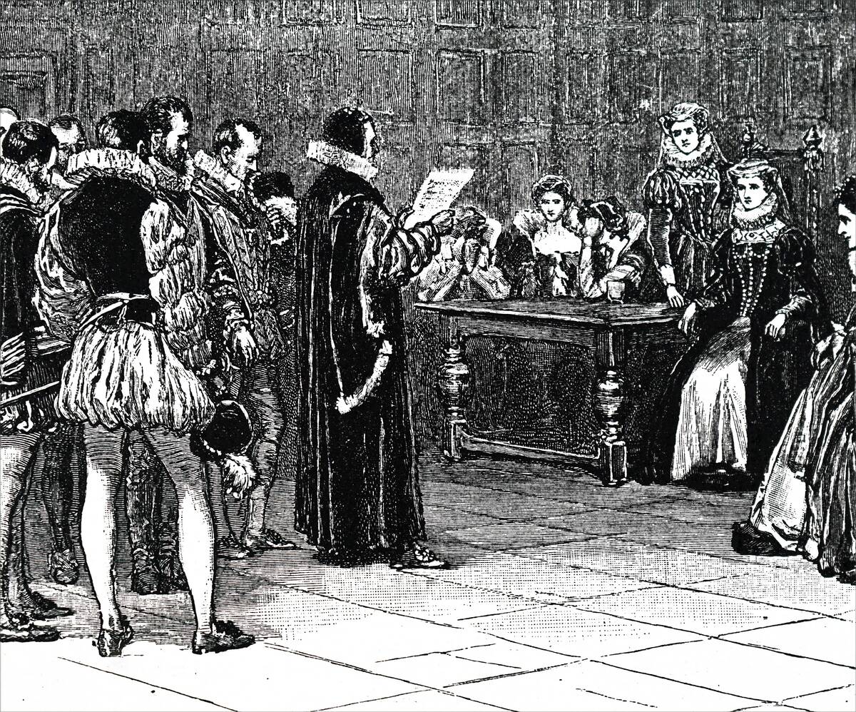 Mary, Queen of Scots receiving her sentence.