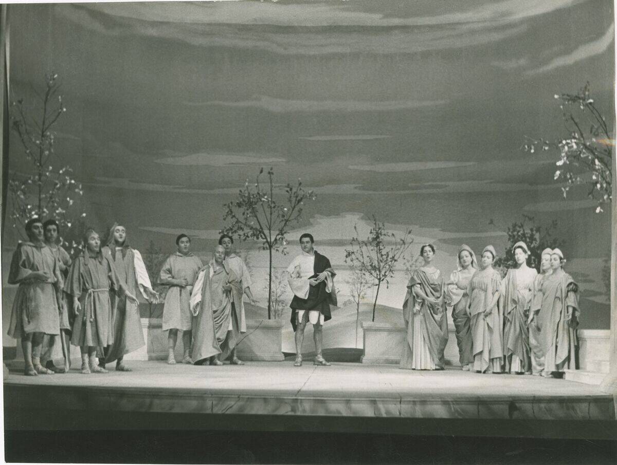 Milan. Piccola Scala, 1956-57 season.A scene from the first act of Claudio Monteverdi's opera L'Orfeo