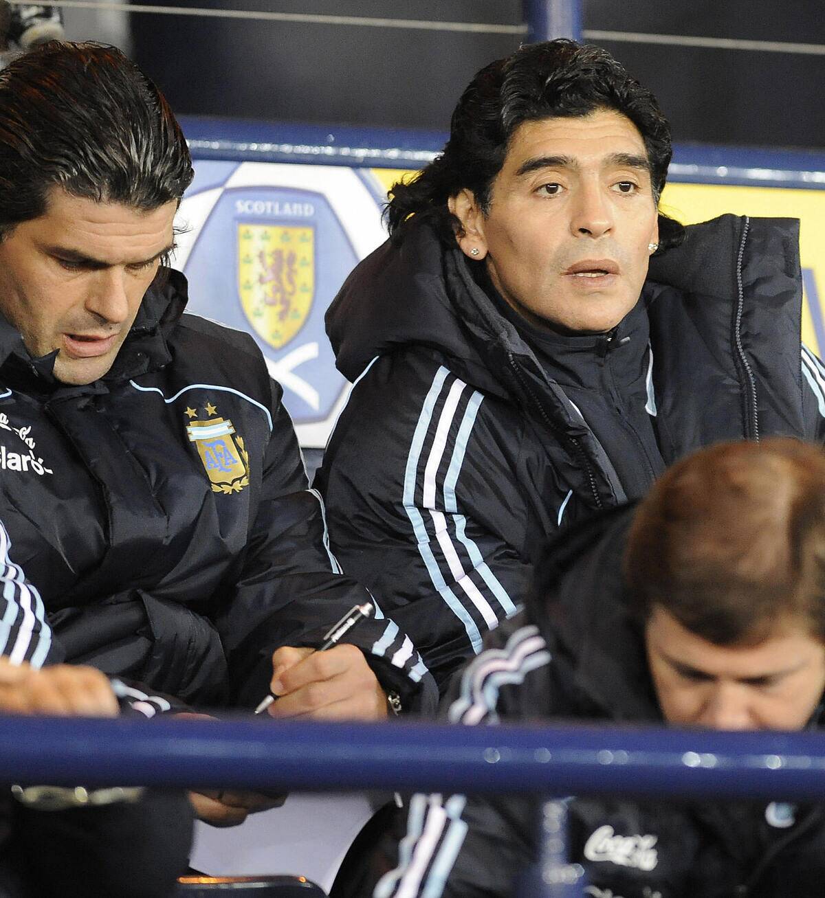New Argentina coach Diego Maradona (R) g