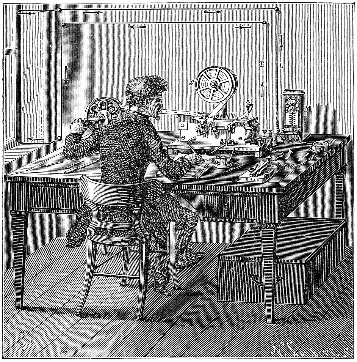 Operator receiving a message in Morse code on printing telegraph. In box under table are the wet cells (batteries) supplying electricity. Wood engraving 1887...