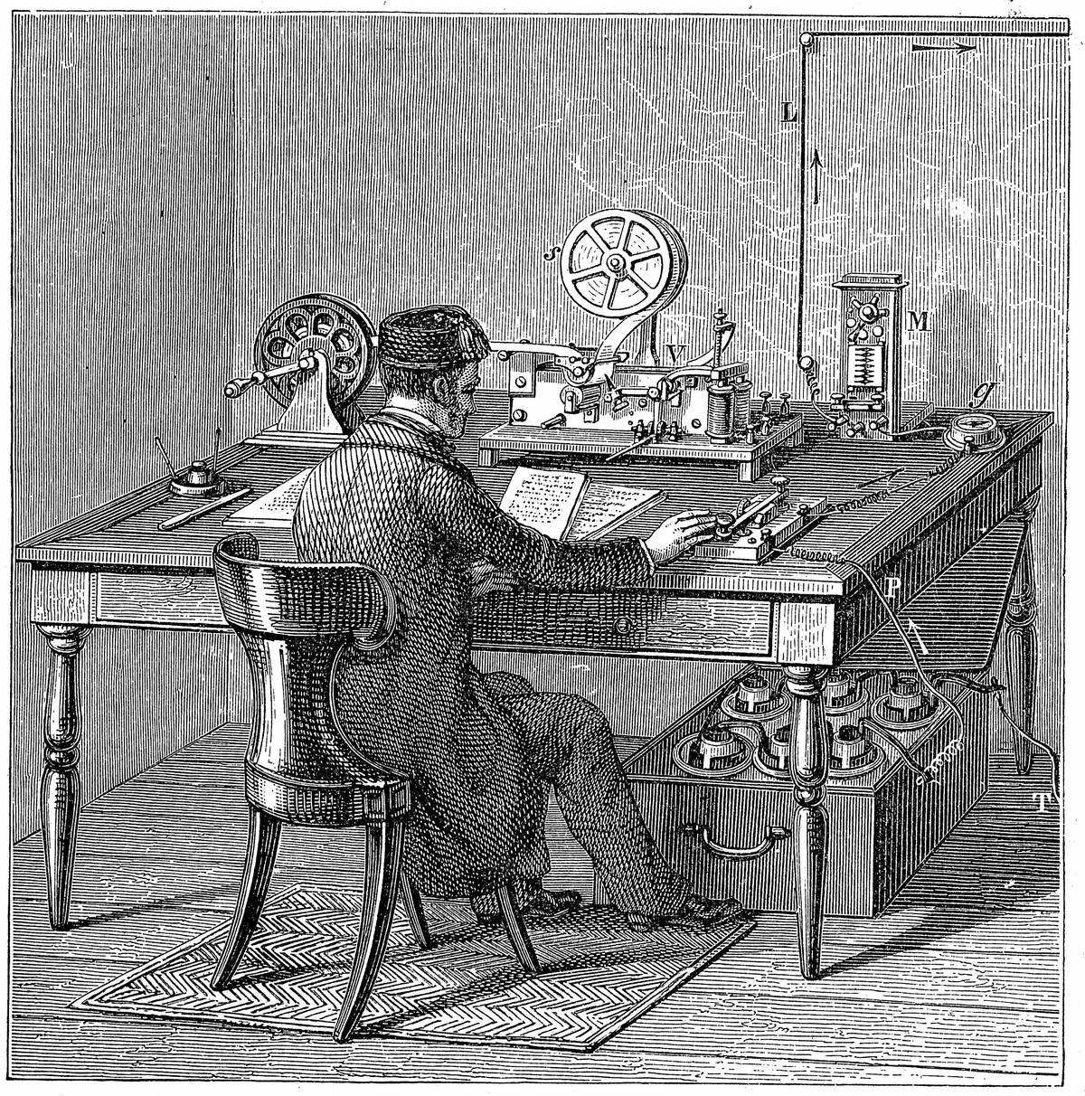 Operator sending a message on a Morse electric printing telegraph by tapping out code with key. Under table are we cells (batteries) supplying electricity . Wood engraving 1887...