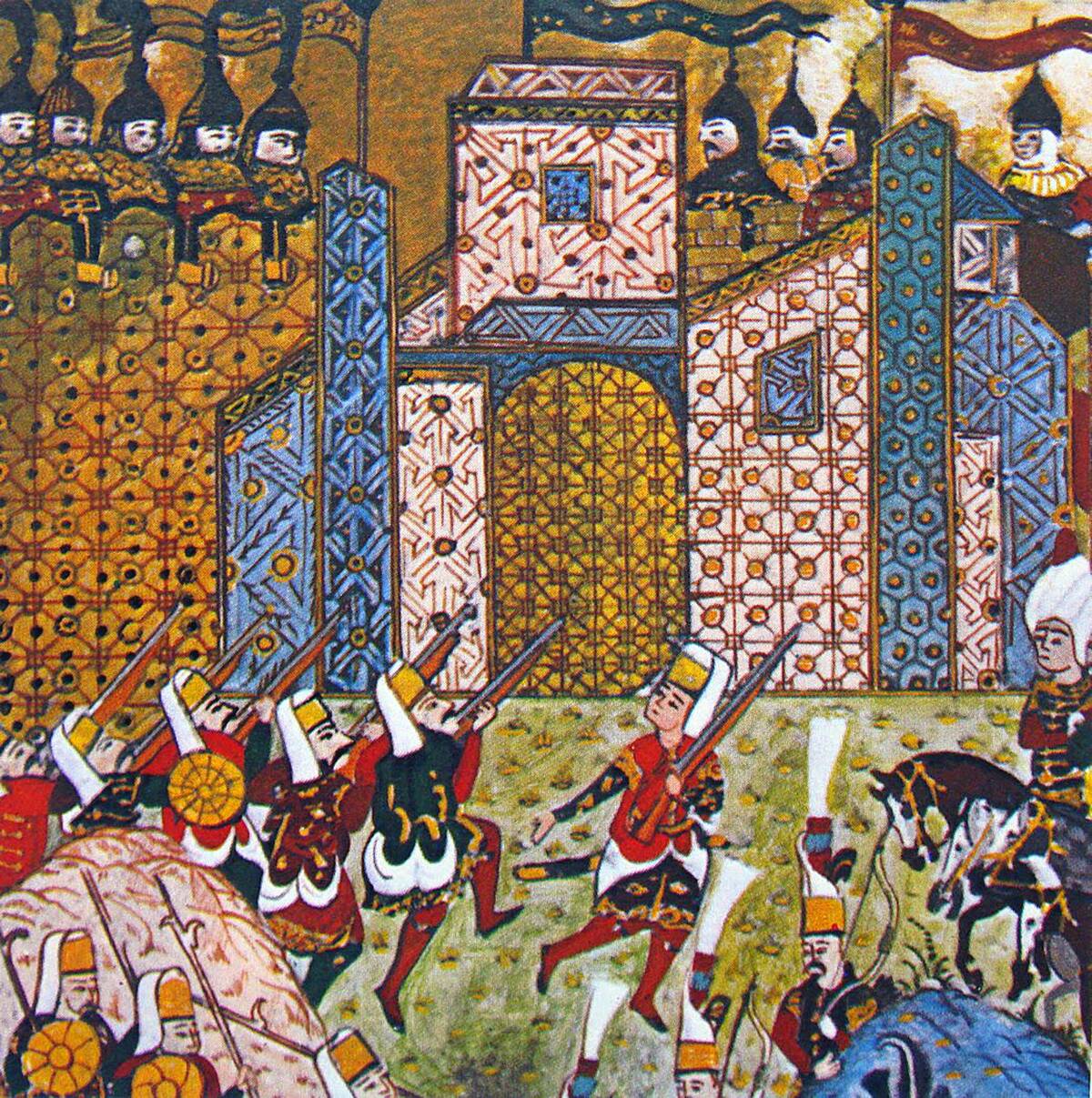 Ottoman miniature of Janissaries battling the Knights of St. John in the siege of Rhodes.