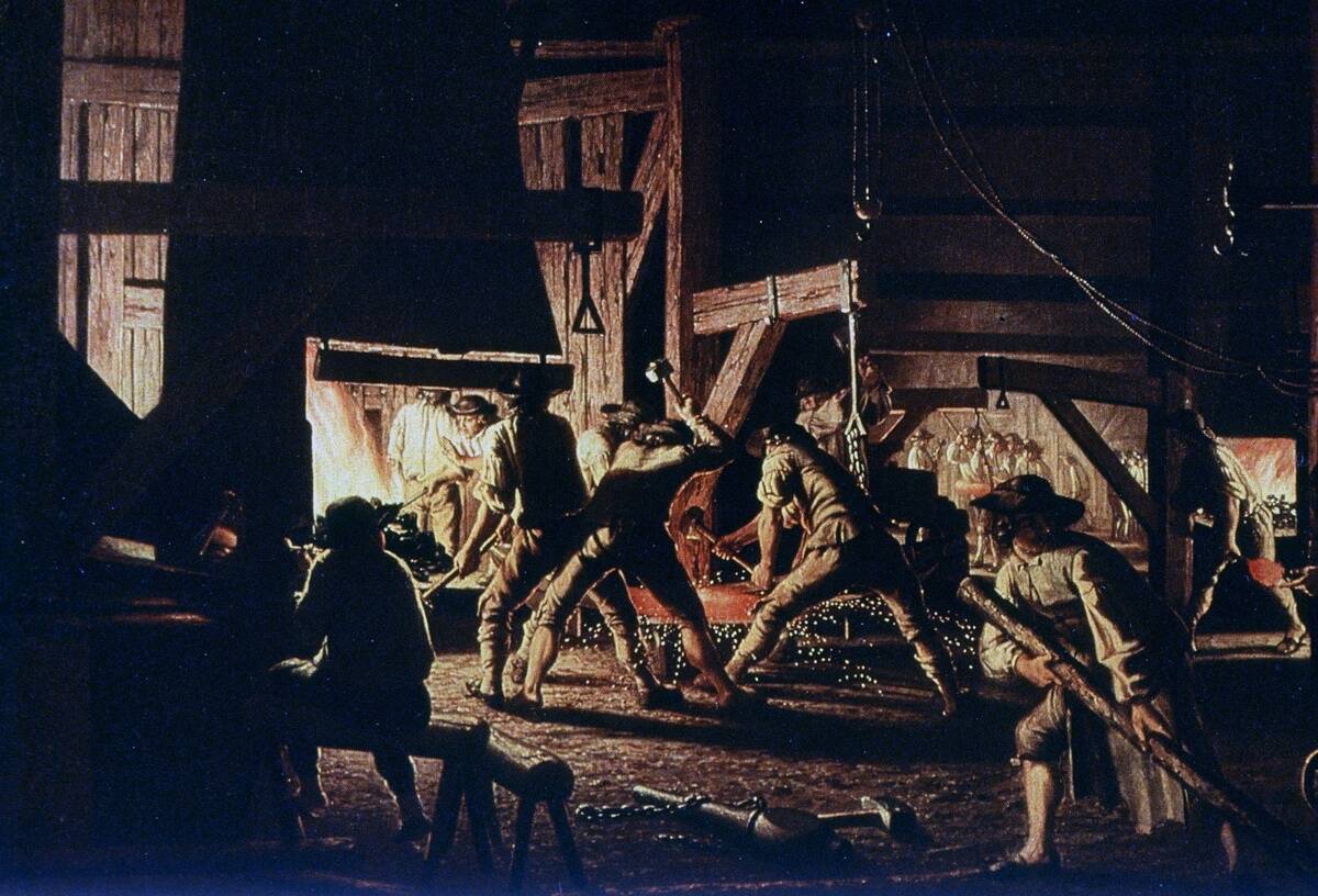 Paintings Workers at an ironworks / Sweden - detail from a painting - 1780