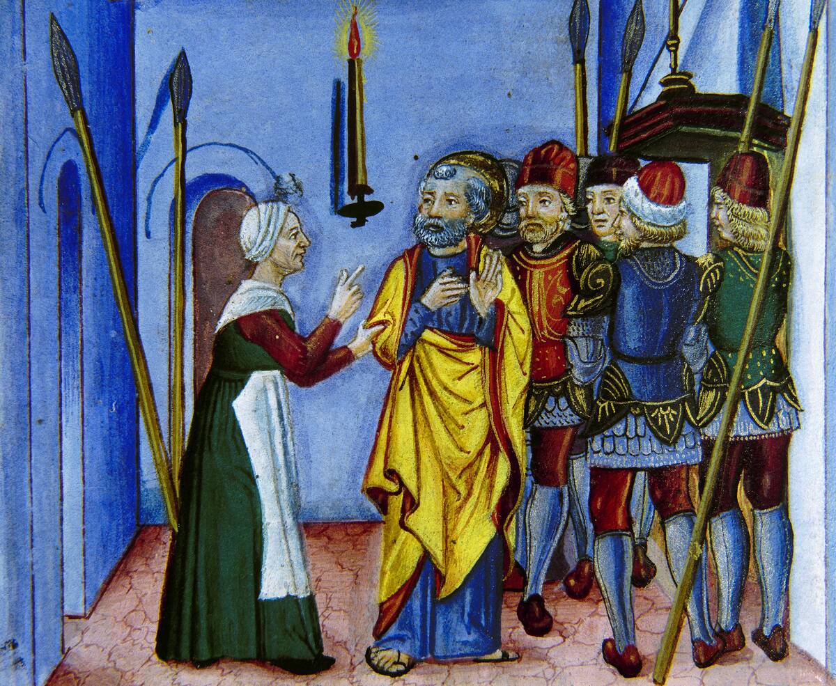 Peter, discovered by a servant, denies knowing Jesus.