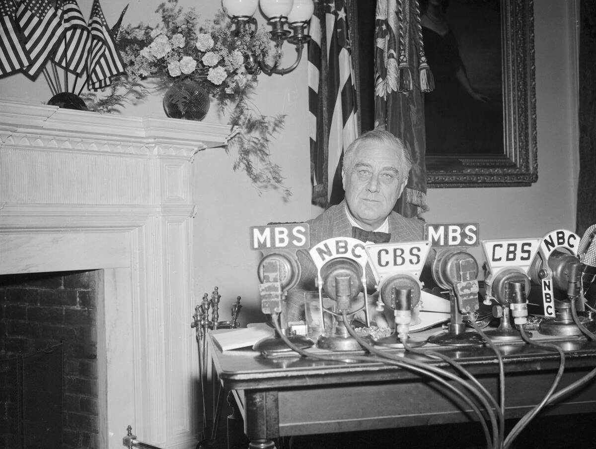 President Franklin D. Roosevelt Speaking at Network Microphones