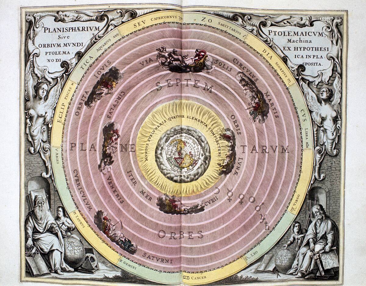 Ptolemaic (geocentric/Earth-centred) system of the Universe, 1708.