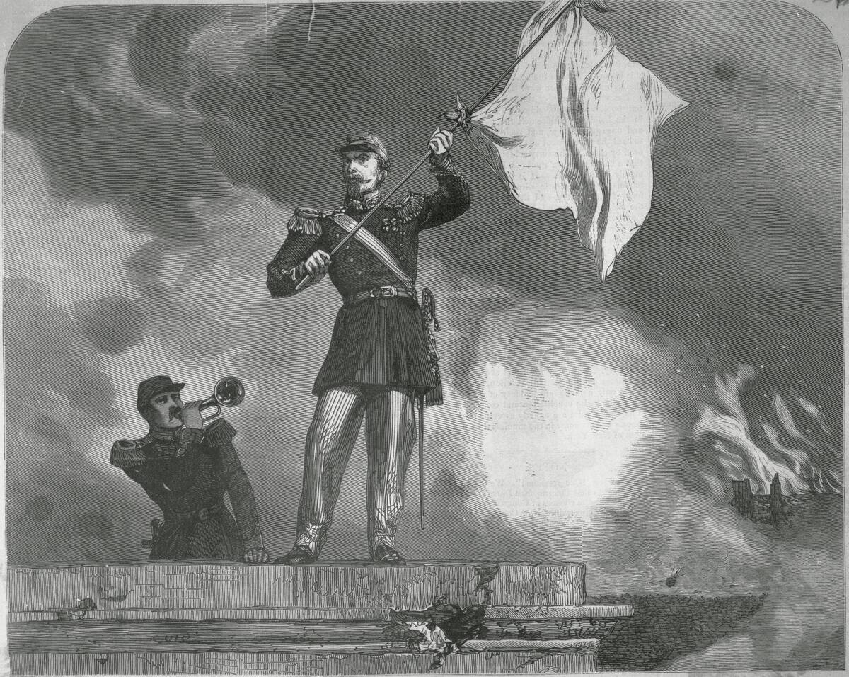 Soldier Waving Flag with Another Playing Bugle