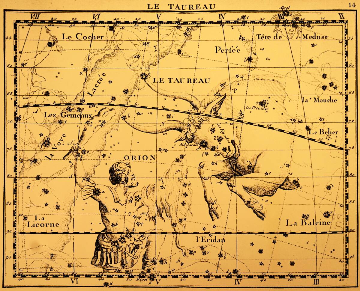 The constellations Orion and Taurus.