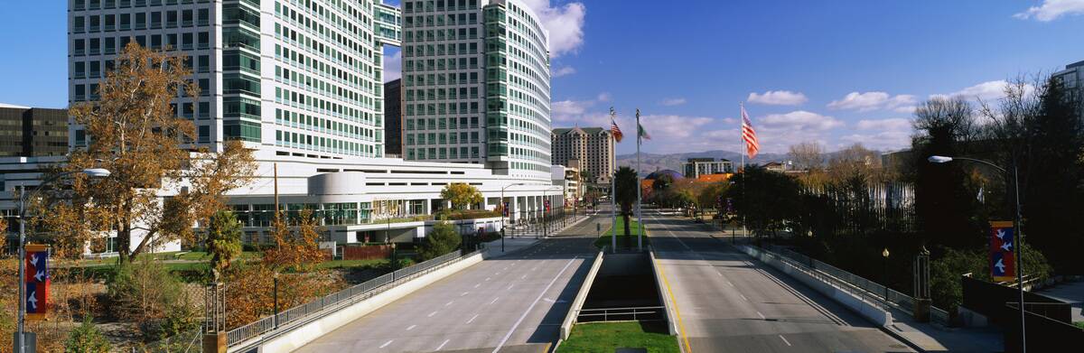 This is the skyline on a Saturday morning. The Adobe Systems Building is on the left. This area is known as Silicon Valley.
