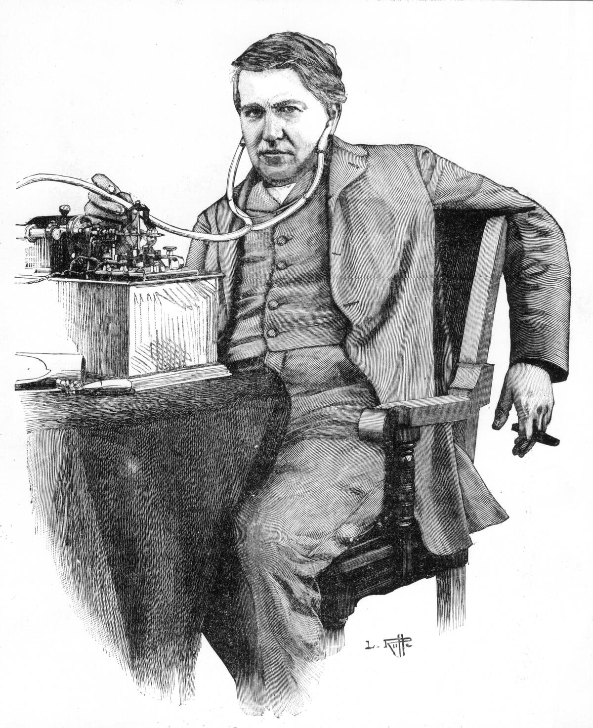 Thomas Alva Edison (1847-1931) American inventor, listening to a recording on an electric model of his phonograph powered by a wet battery. Engraving...