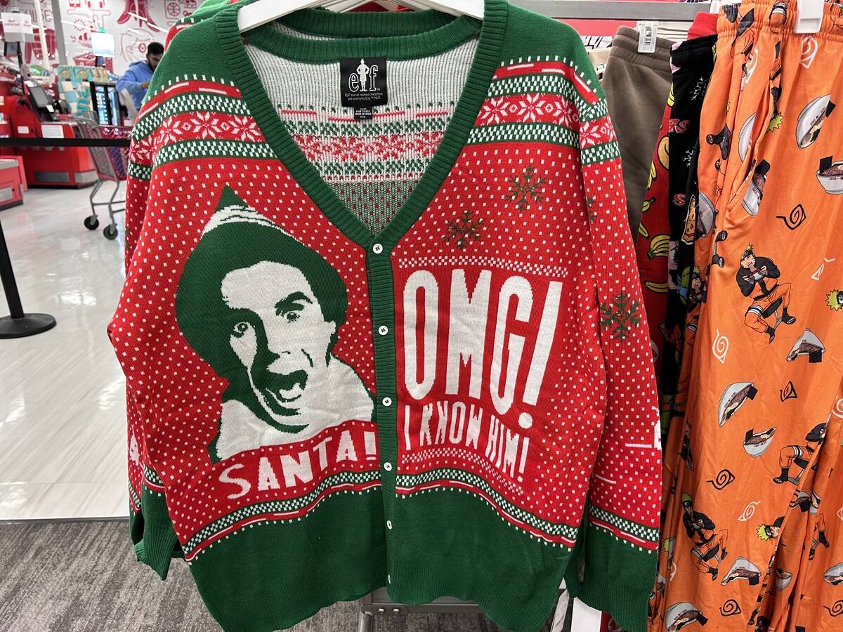 Ugly Sweater display, OMG! Santa! I know Him! from the movie Elf, on display in Target store, Queens, New York
