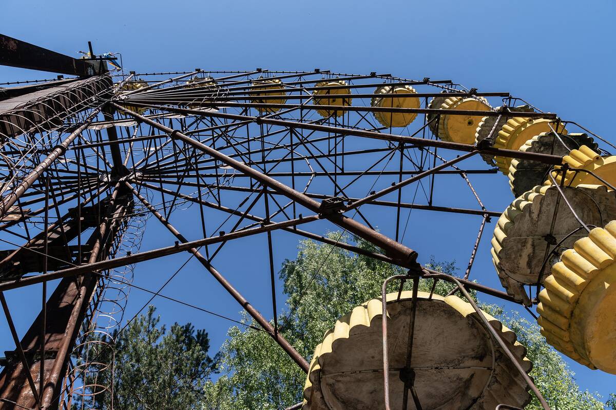 View of amusement park in abandoned city of Pripyat from...