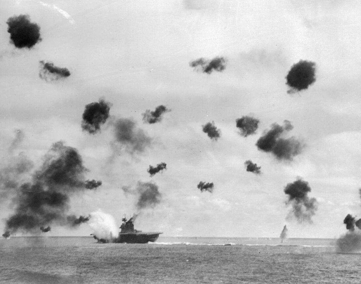 Aircraft Carrier Yorktown Being Hit by Japanese Bombers