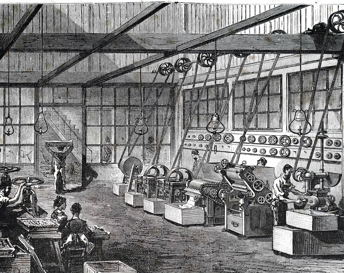 An engraving depicting a factory producing cakes of toilet soap