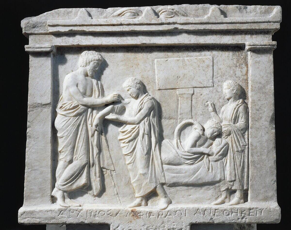 Attica, Oropos, Temple of Amphiaraos, Votive marble relief depicting Amphiaraus healing Archinus' shoulder