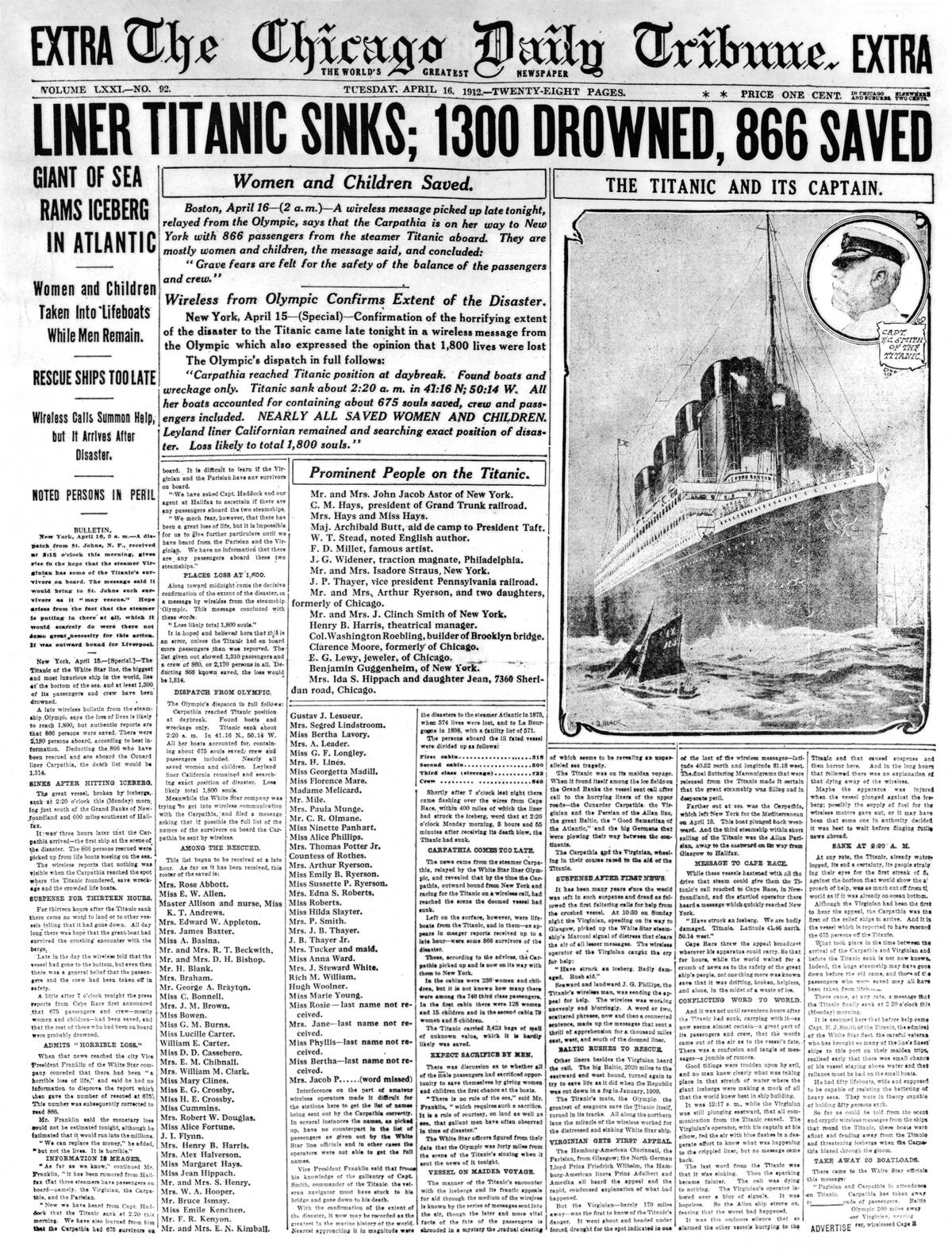 Chicago Daily Tribune Headlining the Titanic Disaster